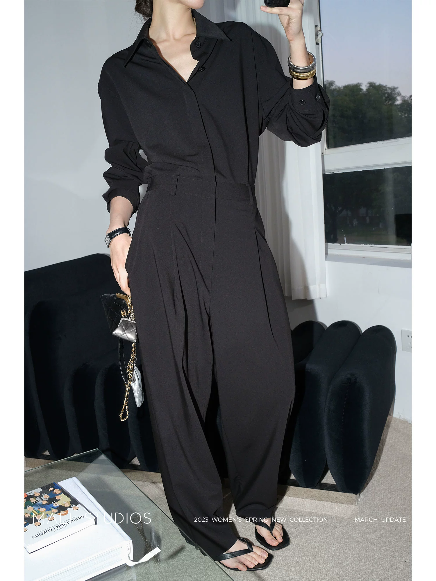 MALI宽松休闲连体裤春秋别致高级感连身裤黑色连衣裤连体套装女 - Image 5