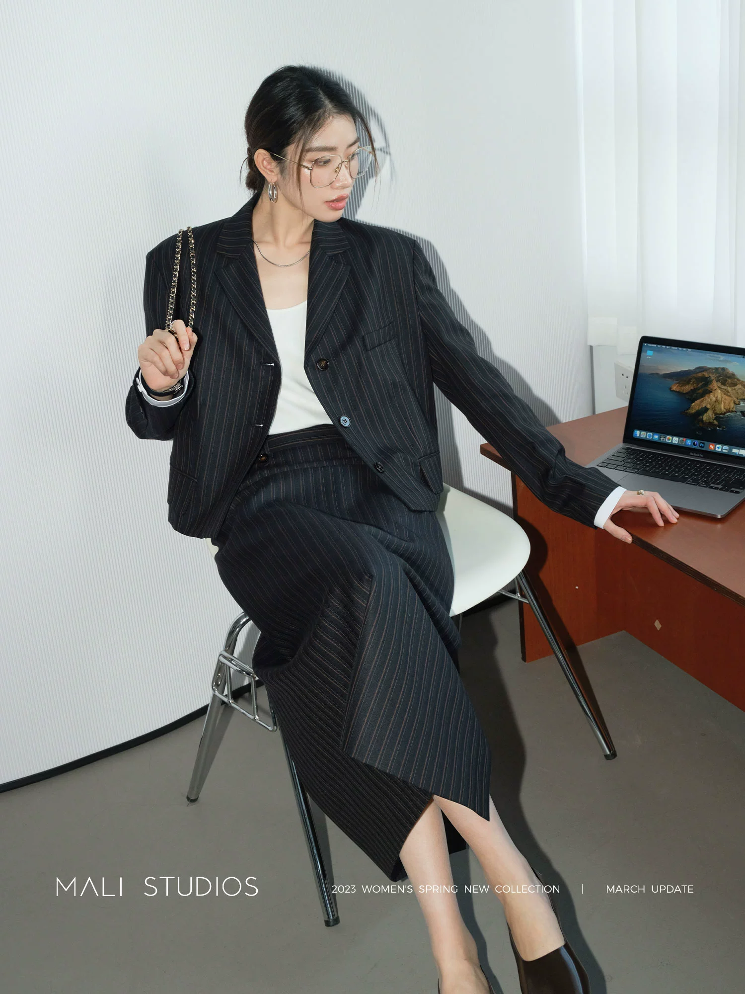 MALI|日本进口羊毛VTG复古撞色条纹_袖口拼接西装+侧开叉裙套装