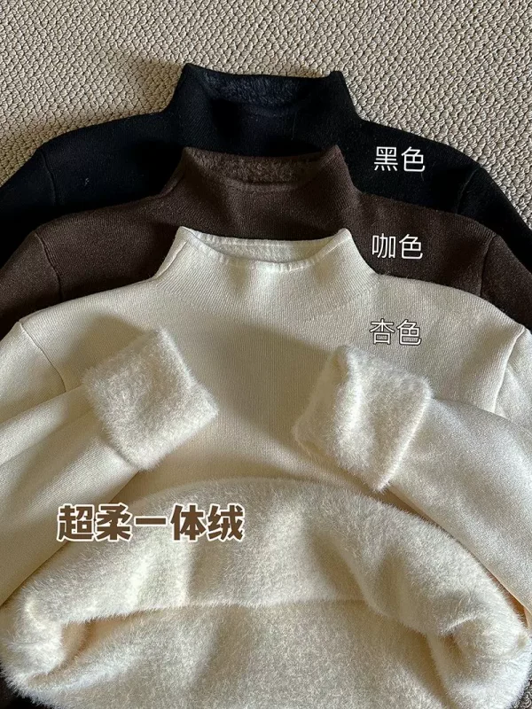 纯色半高领针织衫毛衣女装2024冬季新款韩版洋气加绒长袖打底衫潮