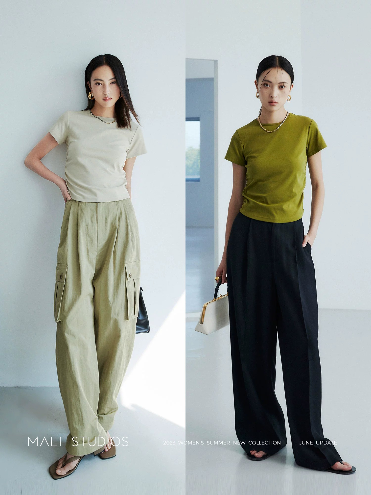 MALI|时髦造型感抽褶设计_高弹螺纹棉弧形下摆修身T恤 - Image 4