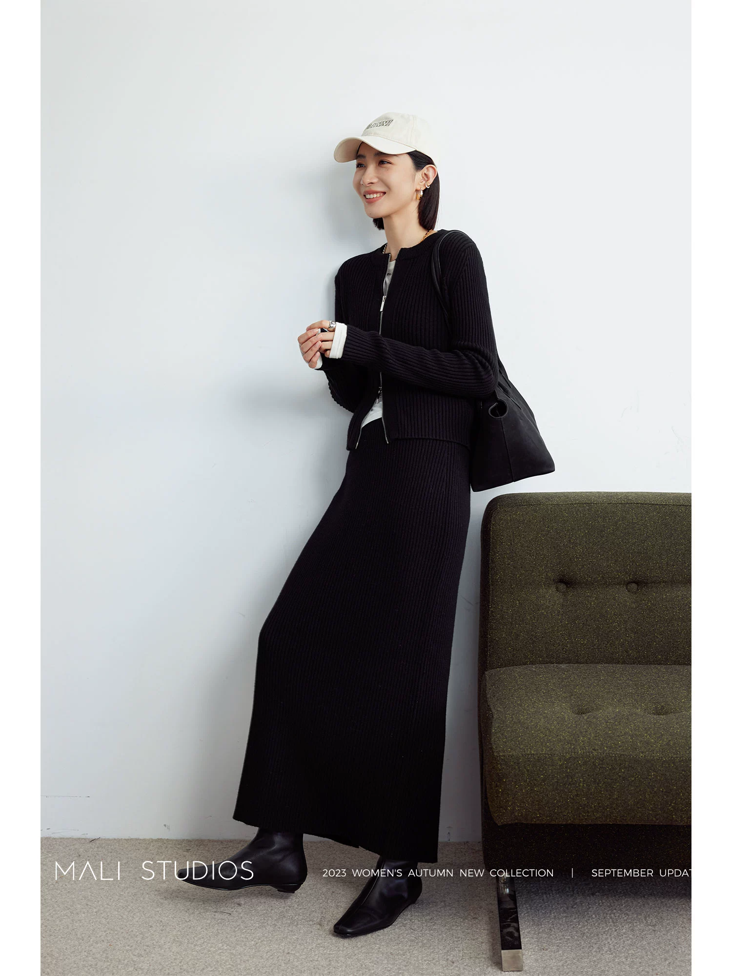 MALI|特细美丽奴羊毛混纺纱_静奢风双开拉链短款叠穿开衫半裙 - Image 2