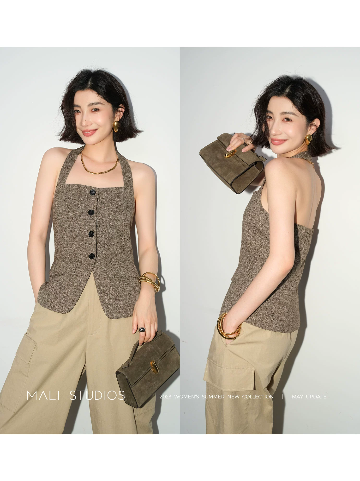 MALI|意式混色风格花呢_时髦气质高及感挂脖小香背心夏 - Image 4