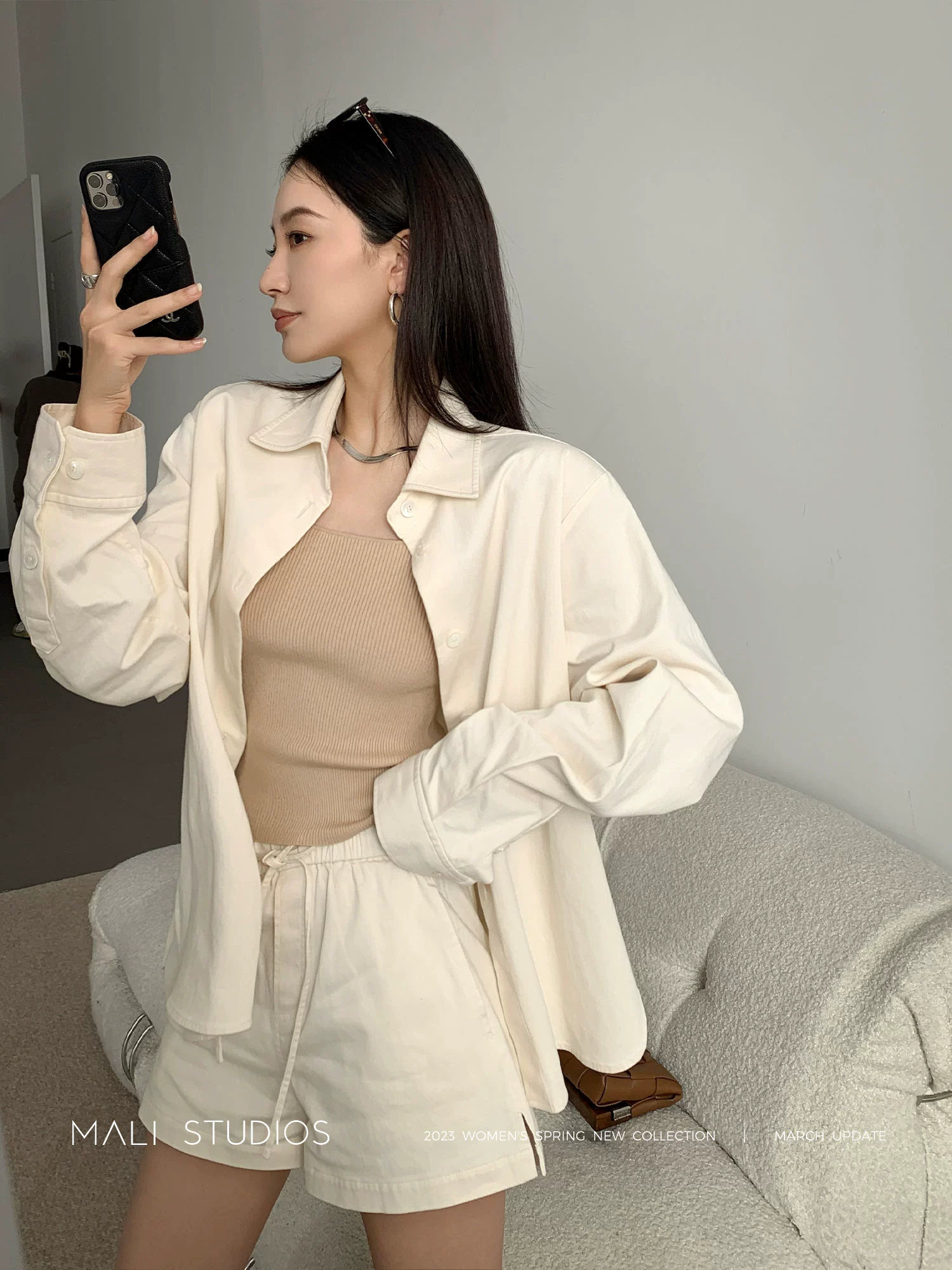 MALI|高级感条纹泡泡纱肌理_春夏BF风宽松廓形衬衫短裤套装 - Image 2