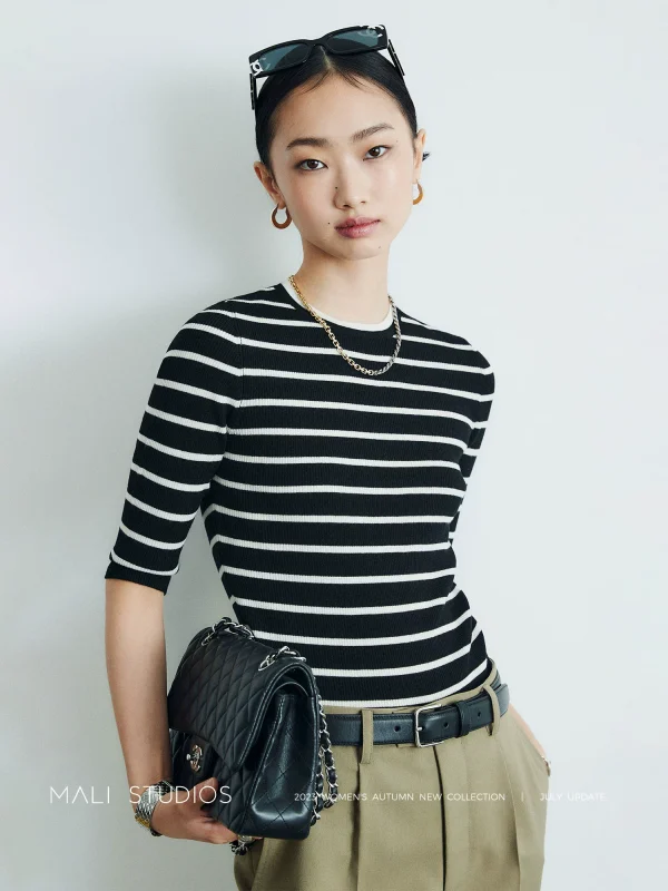 MALI|超细巴素兰羊毛纱_时装感百搭条纹圆领中袖针织上衣