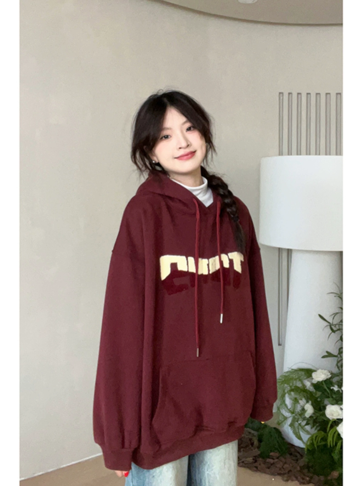 2024秋冬季华棉复合奥粒绒卫衣字母植绒连帽大口袋宽松外套上衣潮 - Image 4