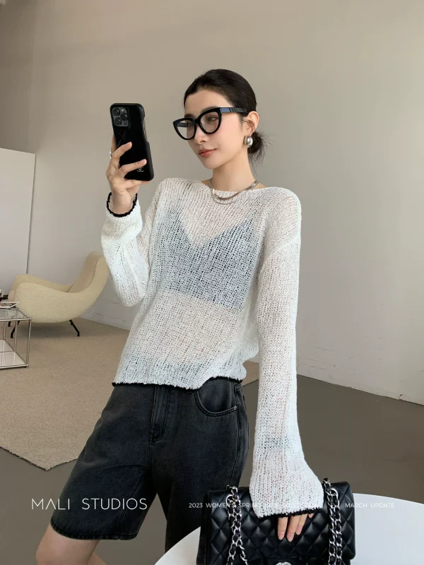 MALI|獨家开发棉麻混纺纱_法式气质慵懒 透视防晒针织衫