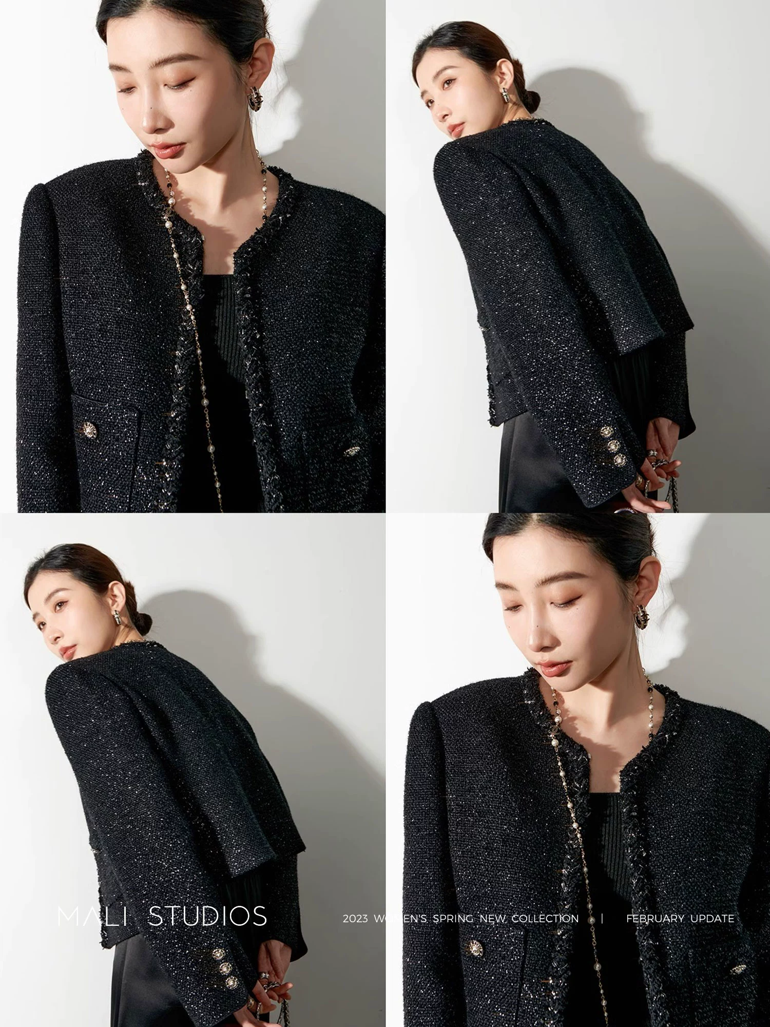 MALI|进口羊毛粗花呢&麻感醋酸_奢华美感编织短款香风外套 - Image 2