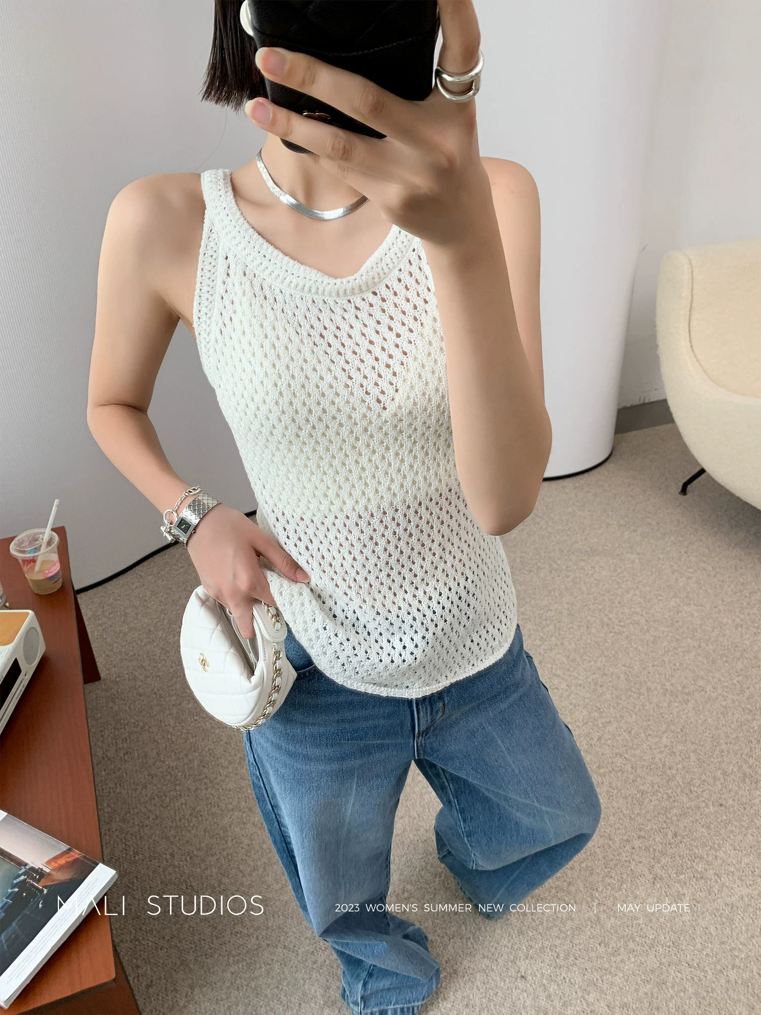 MALI|蜀家开发棉麻混纺纱_夏日南法风 呼吸感镂空透视挖肩背心 - Image 5
