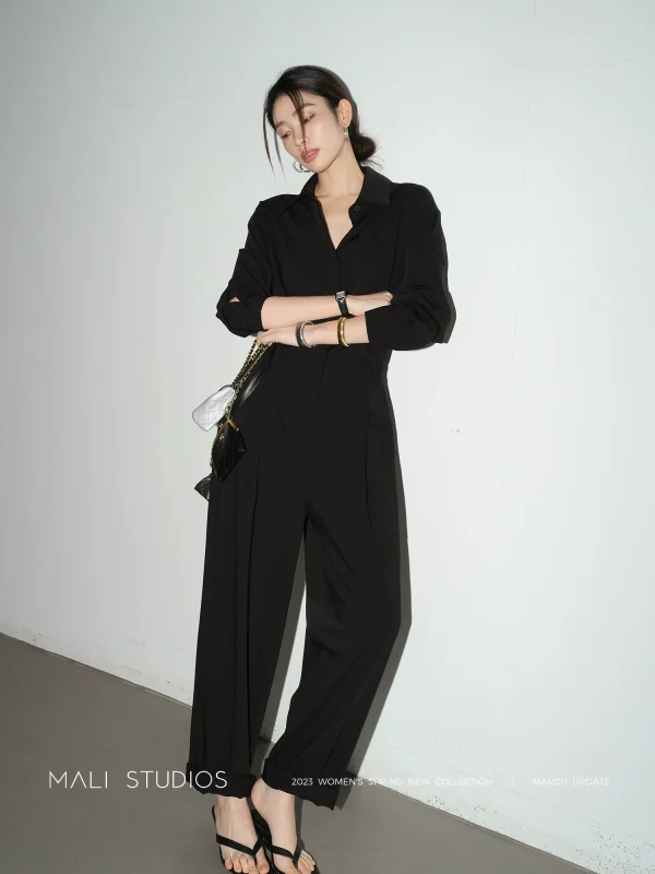 MALI宽松休闲连体裤春秋别致高级感连身裤黑色连衣裤连体套装女