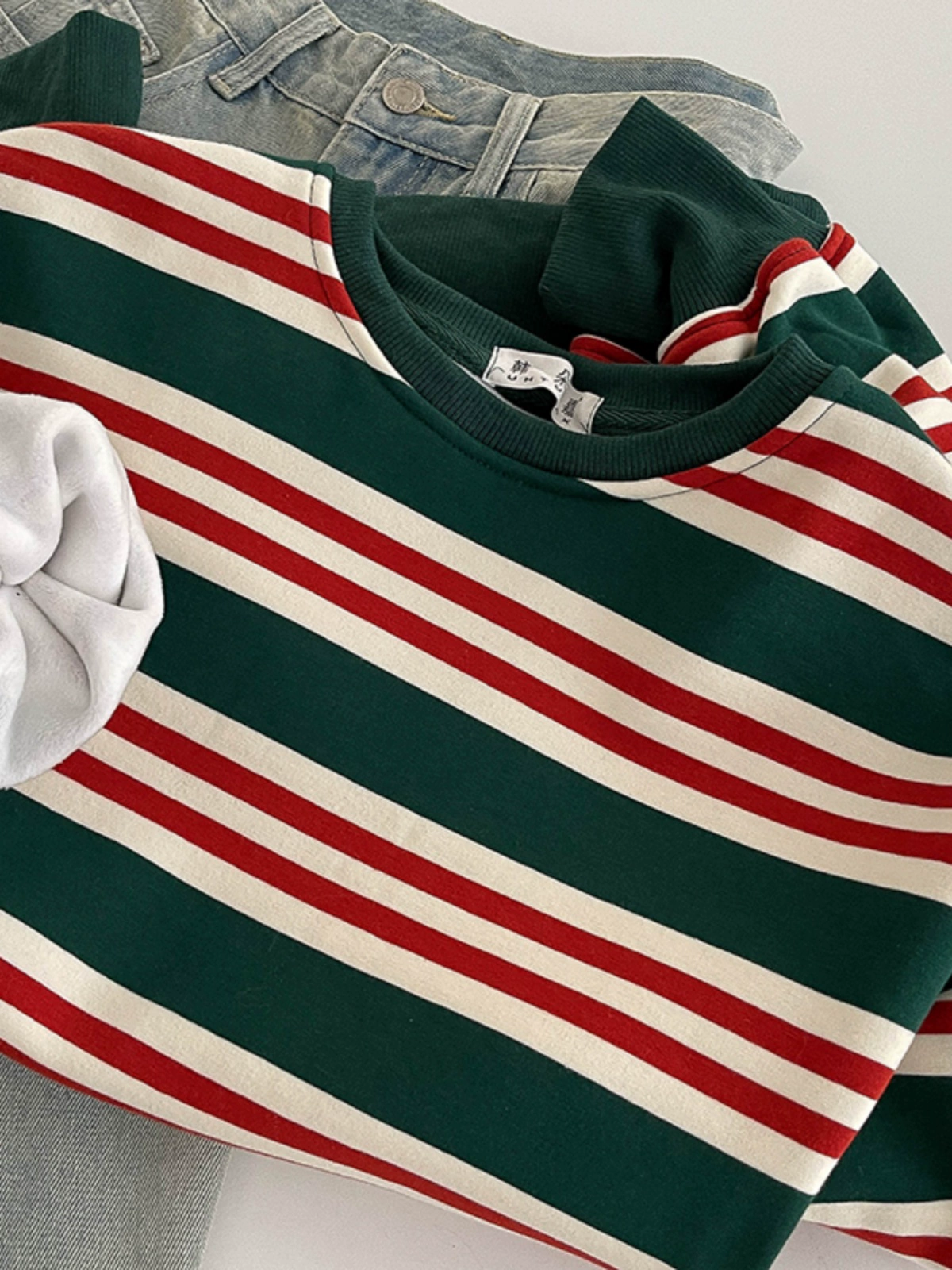 条纹撞色包边baby绒卫衣女2024秋冬慵懒风宽松显瘦套头洋气上衣潮 - Image 3