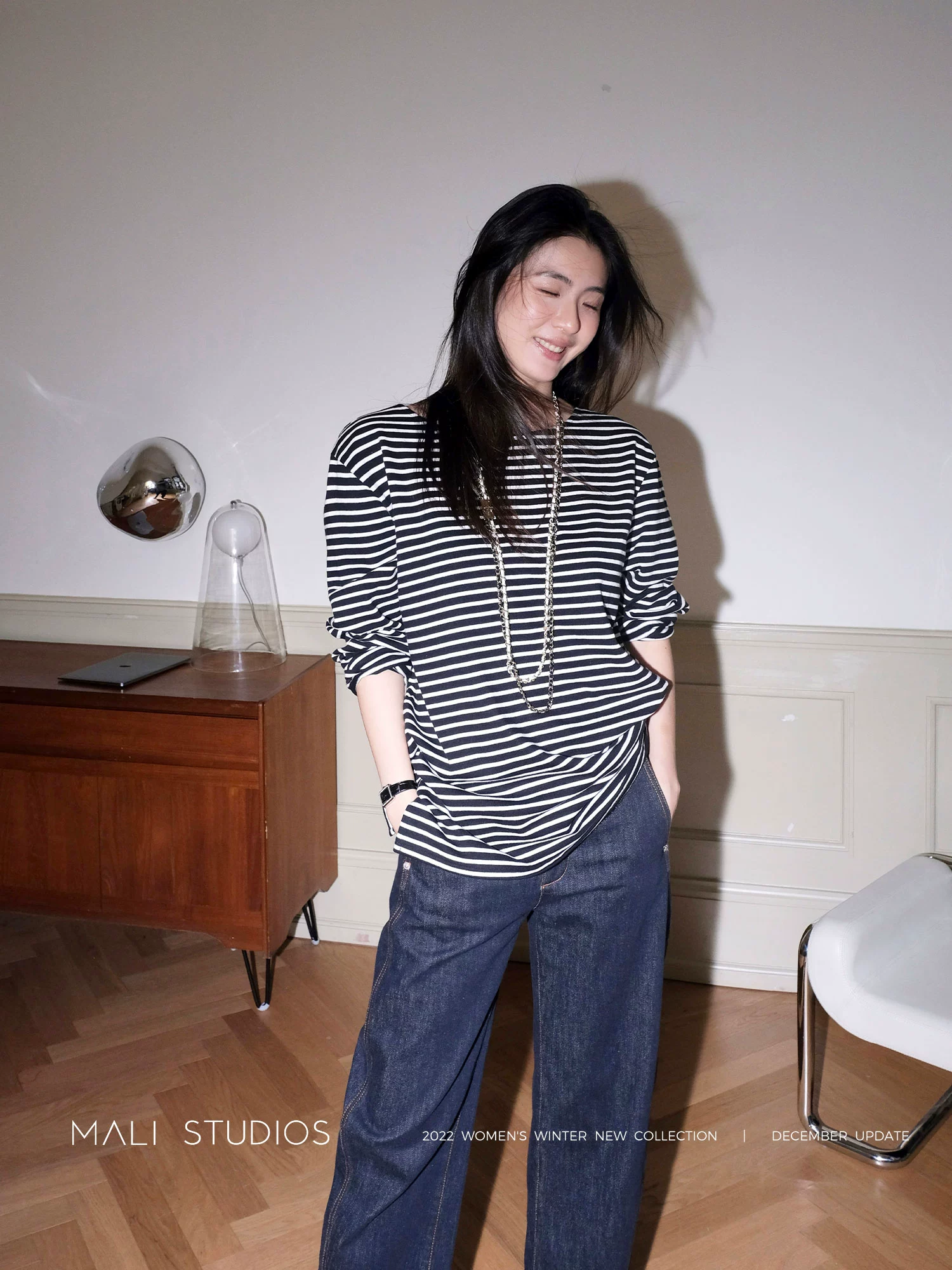 MALI|秋冬260G加厚棉_法式经典黑白条纹船领T恤 - Image 3