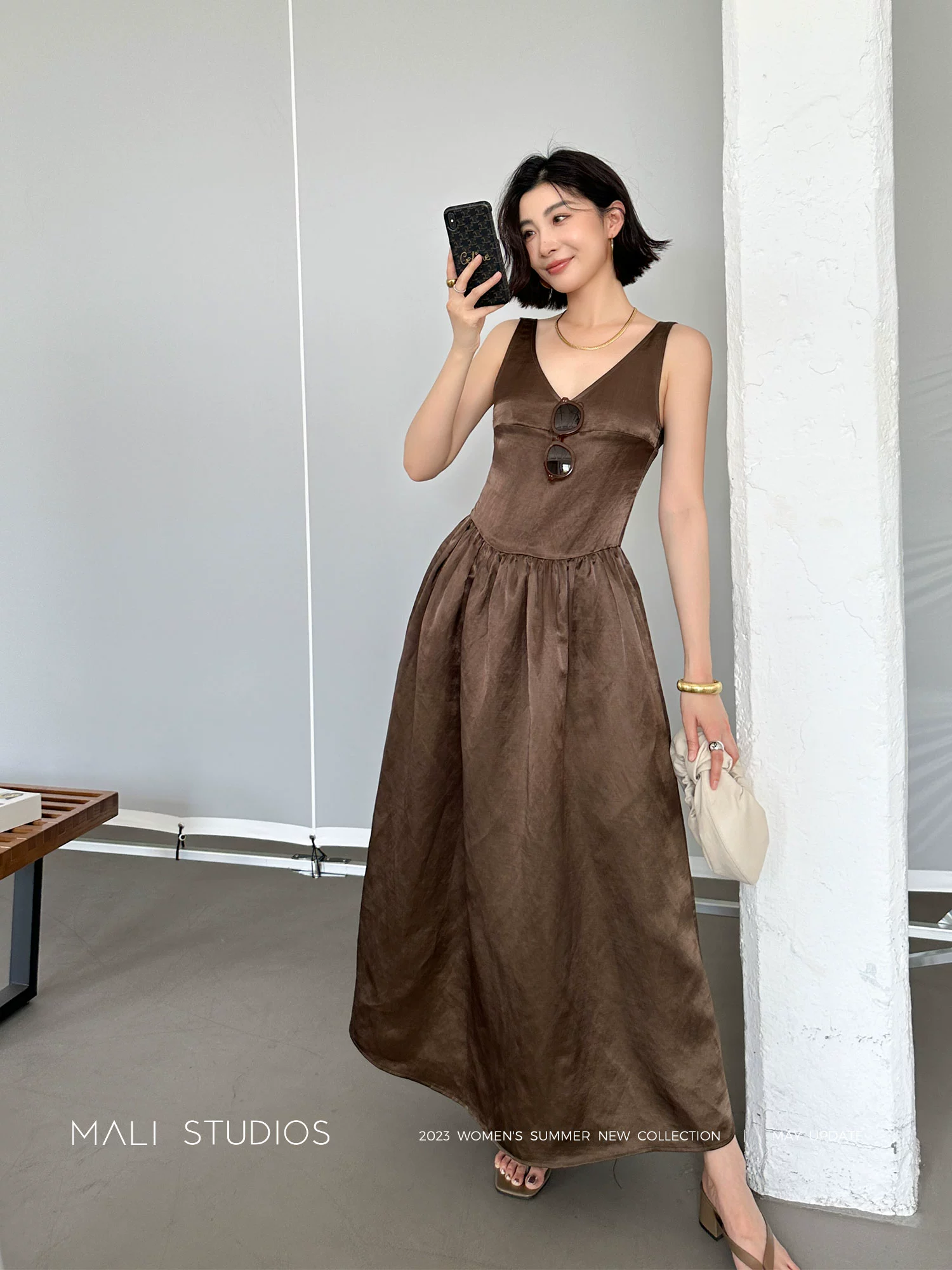 MALI|重磅定制开发天丝亚麻_高定立裁抽褶优雅V领连衣裙 - Image 5