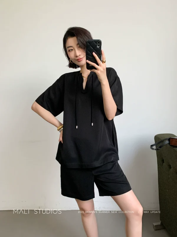 MALI｜及简北欧风_醋酸天丝亚麻混纺抽绳V领短袖+短裤懒人套装