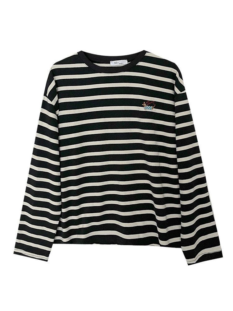 元气条纹撞色宽松长袖T恤2024秋季新款韩版女装包边套头长袖上衣 - Image 5