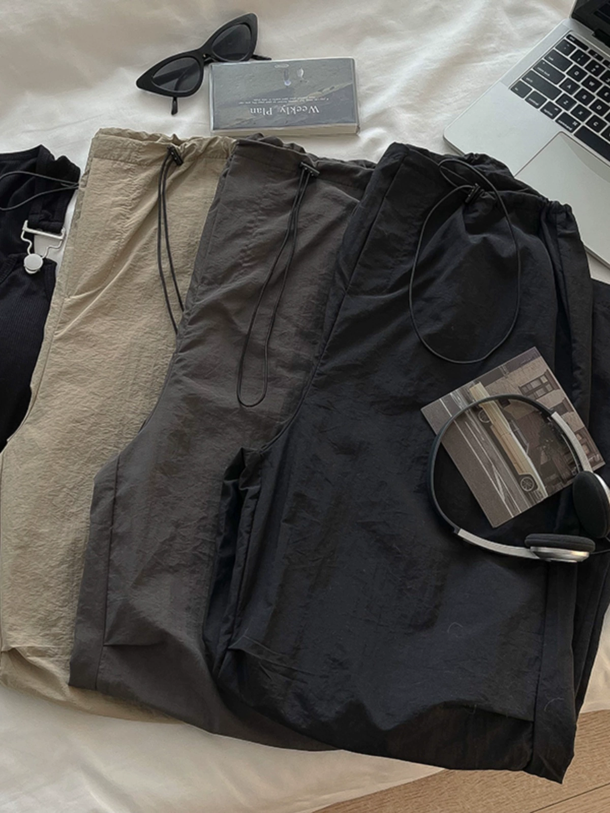 个性纯色抽绳束脚工装休闲裤2024秋季新款女装百搭速干宽松阔腿裤