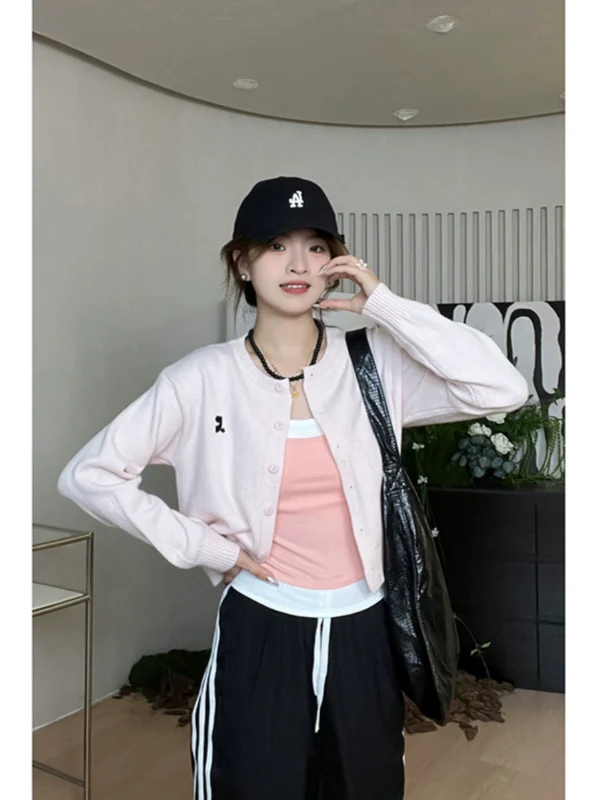 刺绣2024秋新款韩版爆款针织开衫女洋气小标短款纯色收腰长袖毛衣