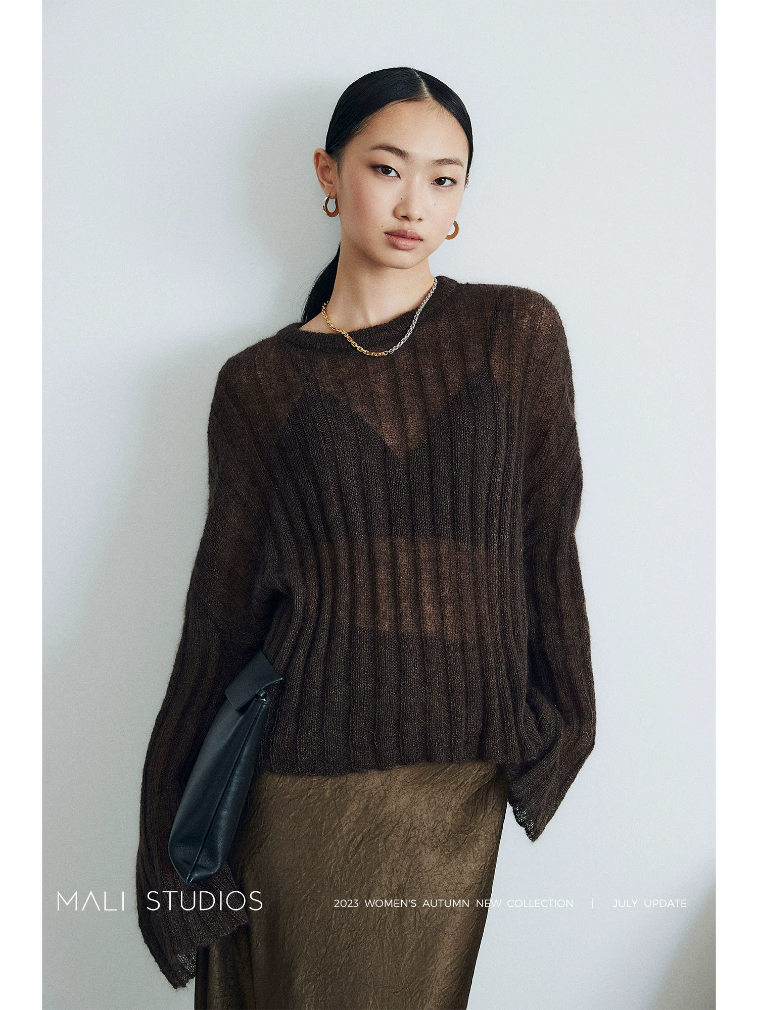 MALI|真丝南非马海毛纱线_时髦慵懒透视宽松喇叭袖毛衣