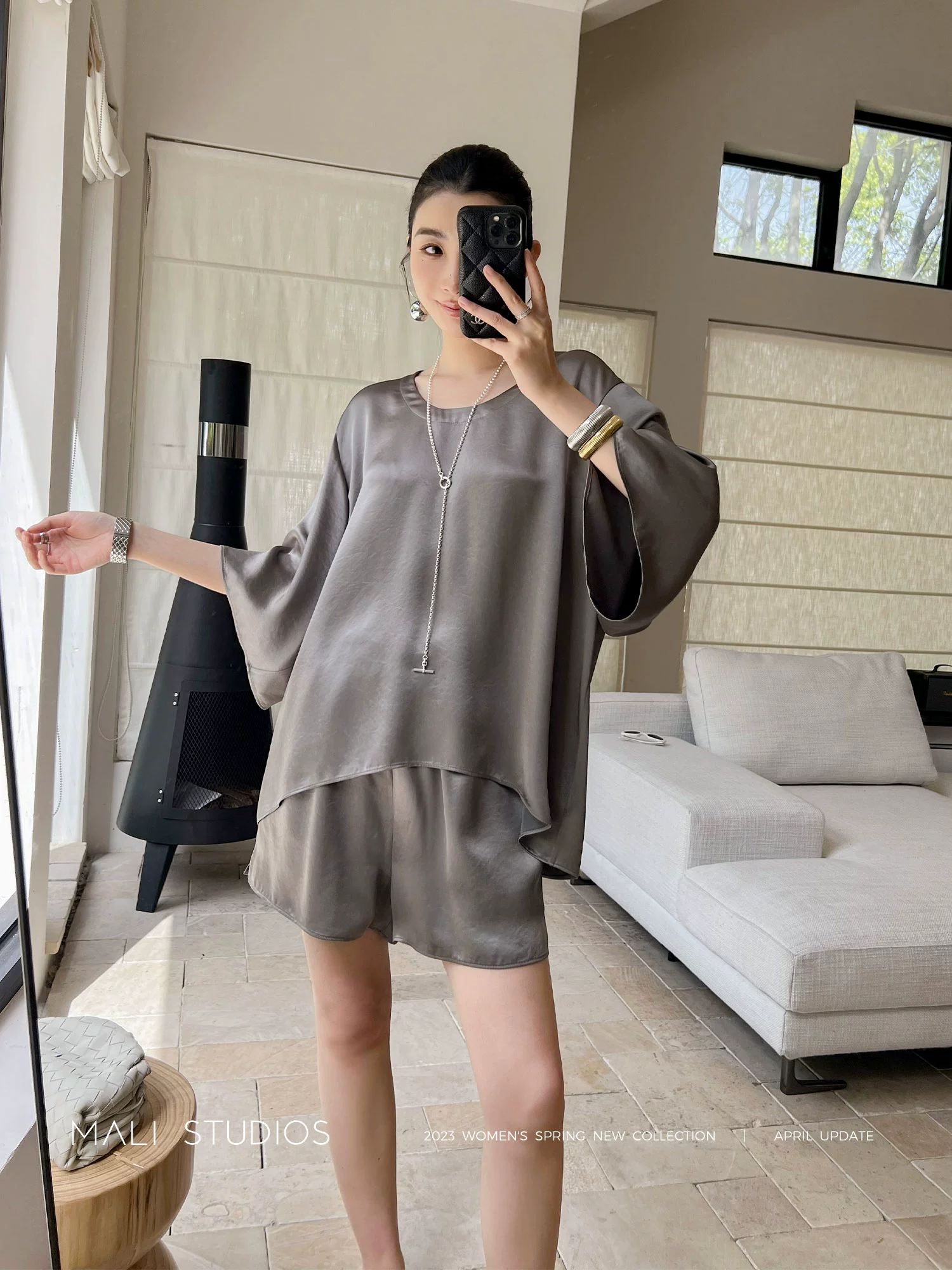 MALI|夏日醋酸缎面_及简舒适懒人套装七分袖上衣短裤 - Image 4
