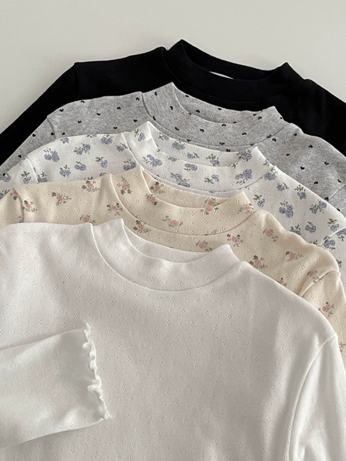 立领碎花木耳边T恤2024女秋冬季新款韩版简约修身长袖气质打底衫