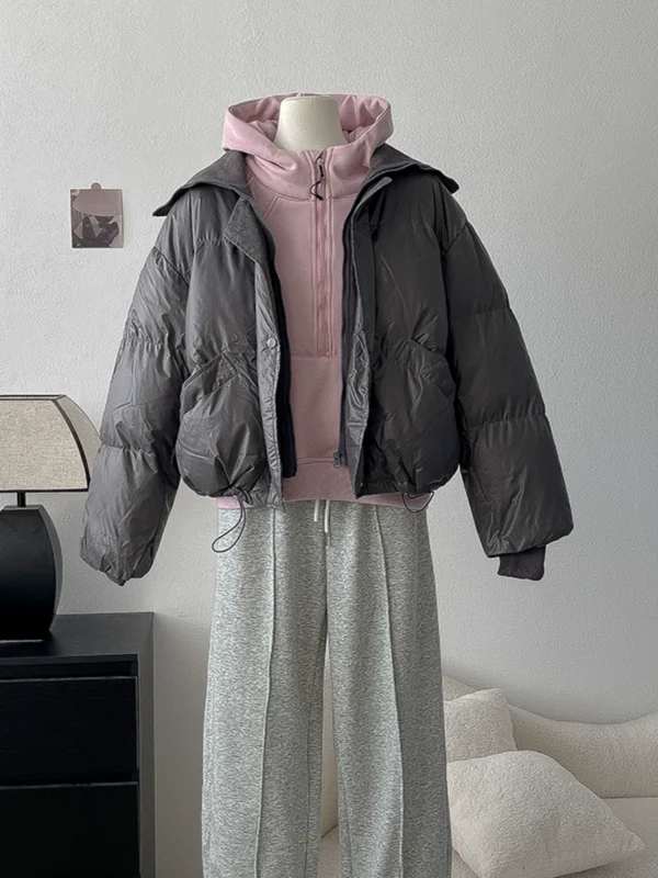 2024冬季新款时尚翻领棉衣短款休闲卫衣外套灰色加绒休闲裤套装潮