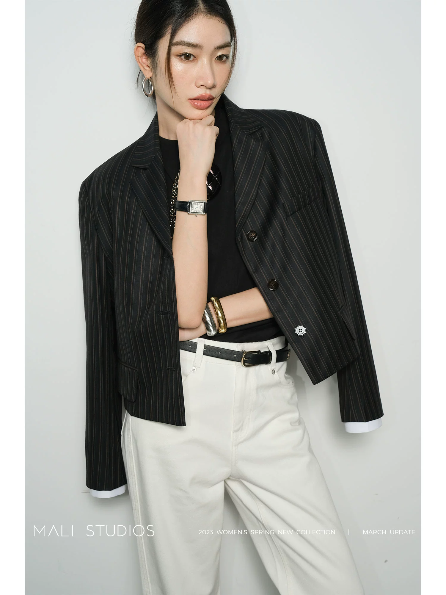 MALI|日本进口羊毛VTG复古撞色条纹_袖口拼接西装+侧开叉裙套装 - Image 5