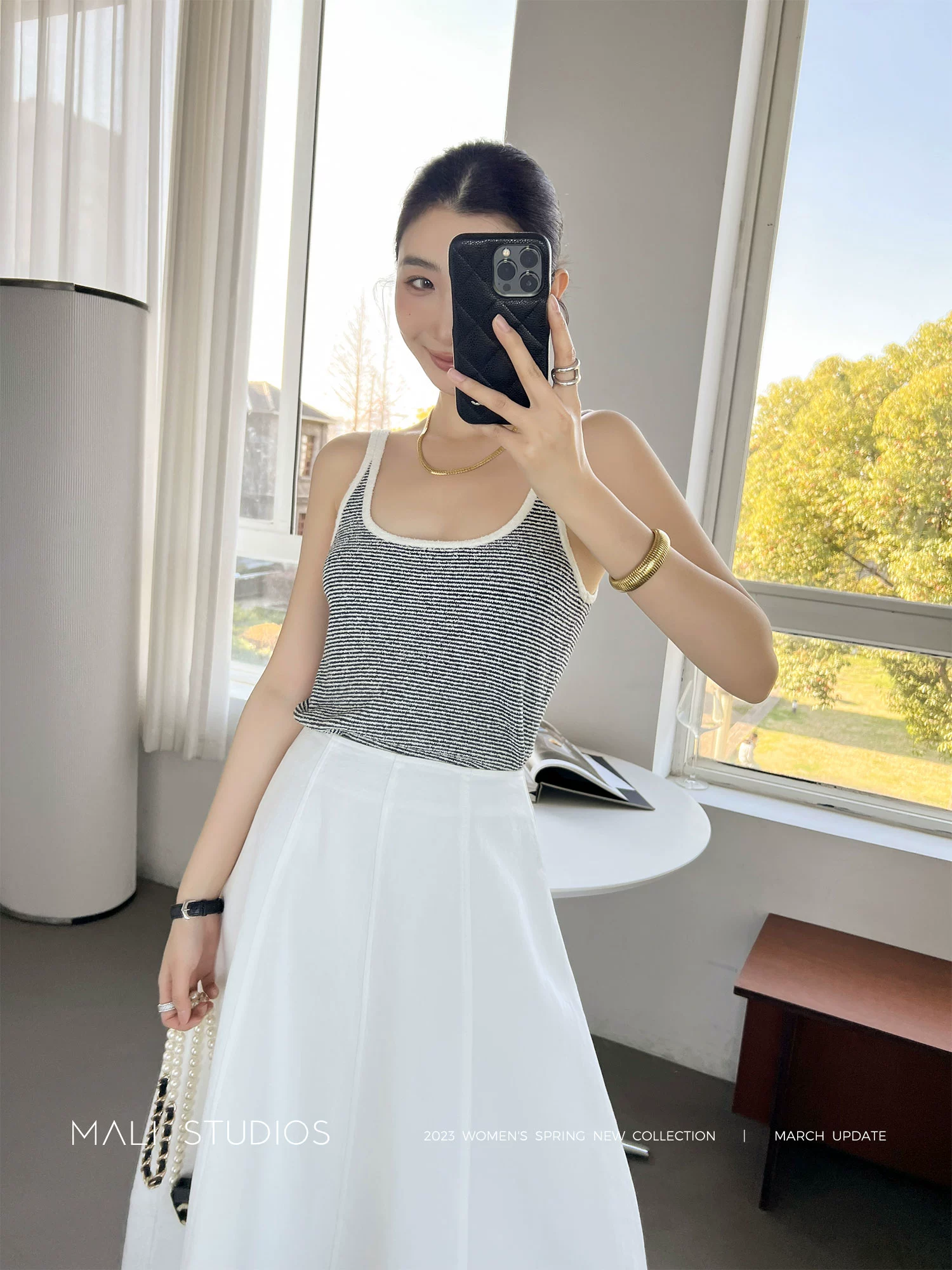 MALI|法式度假风_定制花式圈圈纱细支条纹小香风背心短袖 - Image 2