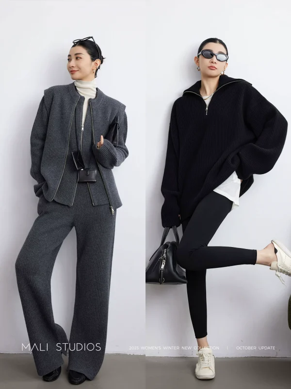 MALI｜高端羊绒羊毛_时髦造型感毛衣+开衫+马甲+直筒裤五件套