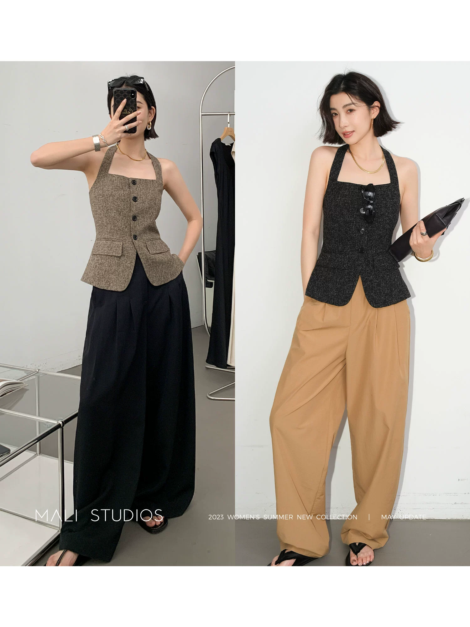 MALI|意式混色风格花呢_时髦气质高及感挂脖小香背心夏 - Image 5