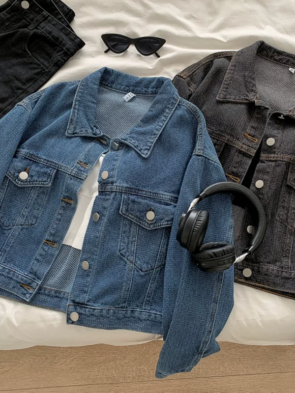 港味休闲牛仔短外套2024秋季新款女装百搭学生宽松单排扣翻领上衣