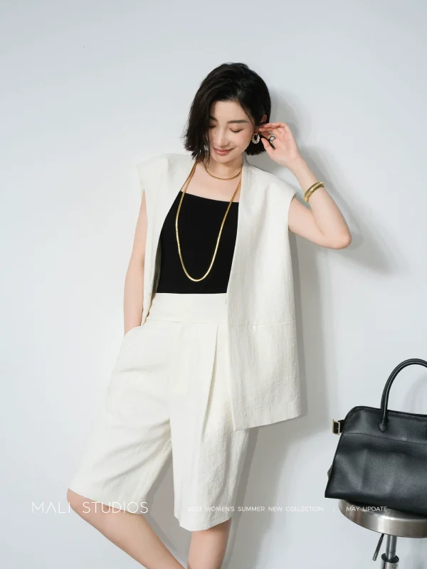 MALI｜定制Viscose天然亚麻混纺_及简无领大廓形马甲宽腰封五分裤