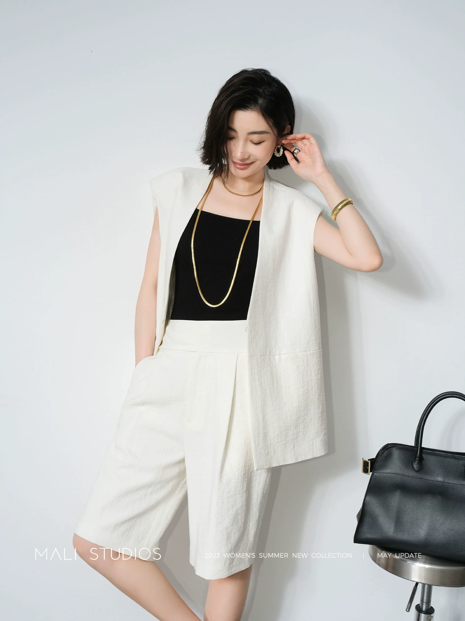 MALI|定制Viscose天然亚麻混纺_及简无领大廓形马甲宽腰封五分裤
