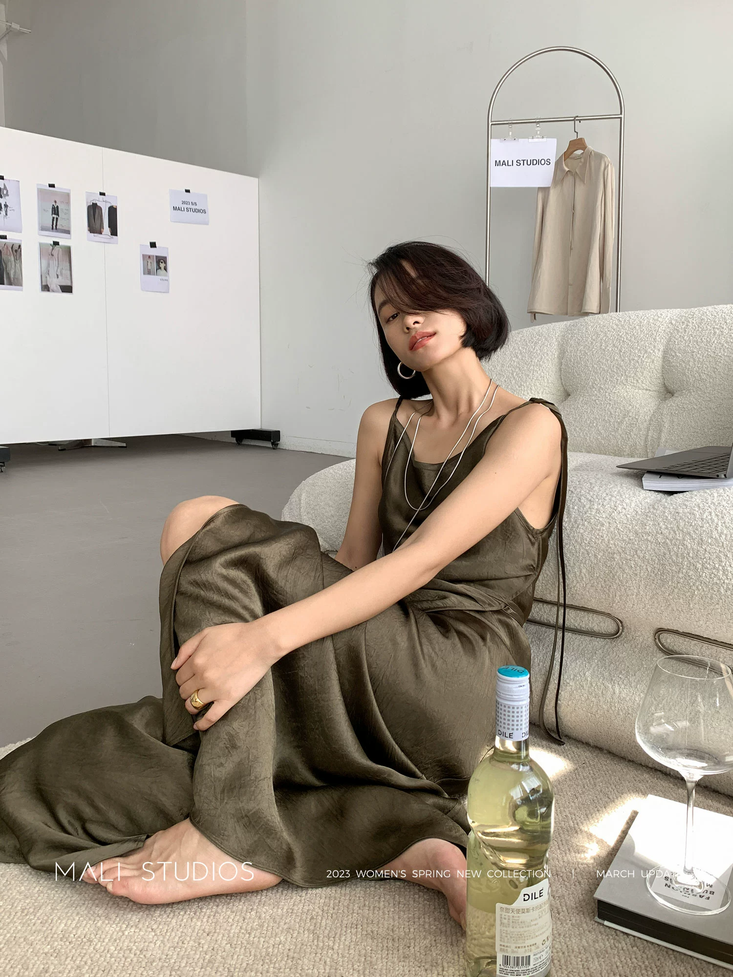 MALI|自然皱醋酸缎面_高阶斜裁交叠艺术感吊带连衣裙/半身长裙 - Image 4