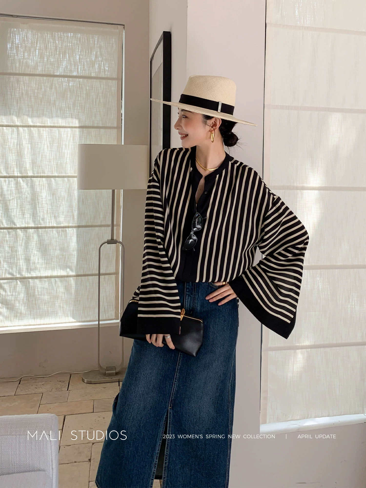 MALI|定制18MM真丝双绉_清凉度假氛围感时髦定位条纹衬衫阔腿裤 - Image 5