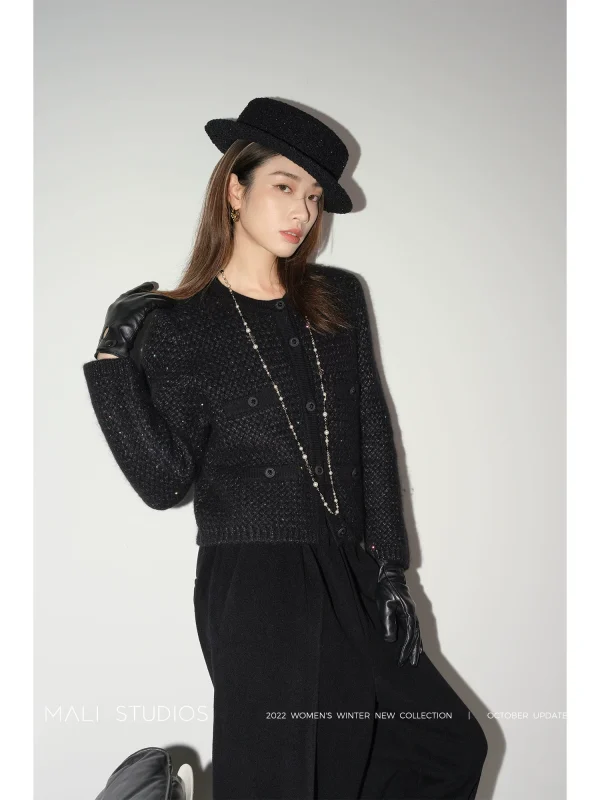 MALI|重磅意大利进口幻彩小香 羊驼毛镶亮片毛衣开衫