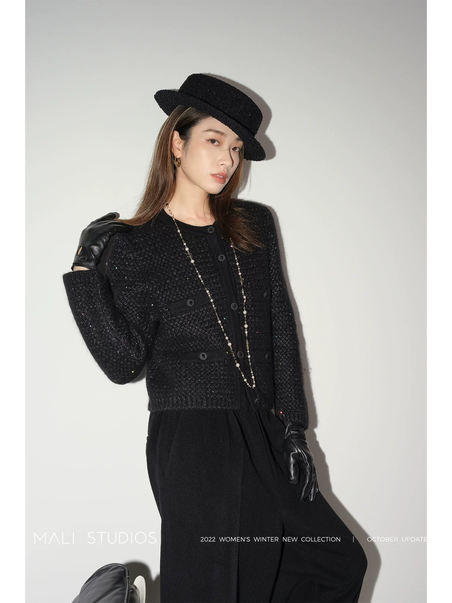 MALI|重磅意大利进口幻彩小香 羊驼毛镶亮片毛衣开衫