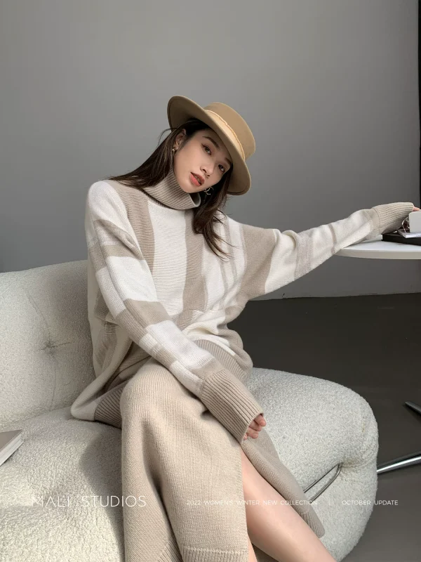 MALI|艺术感拼色 100绵羊毛高领毛衣/半身裙