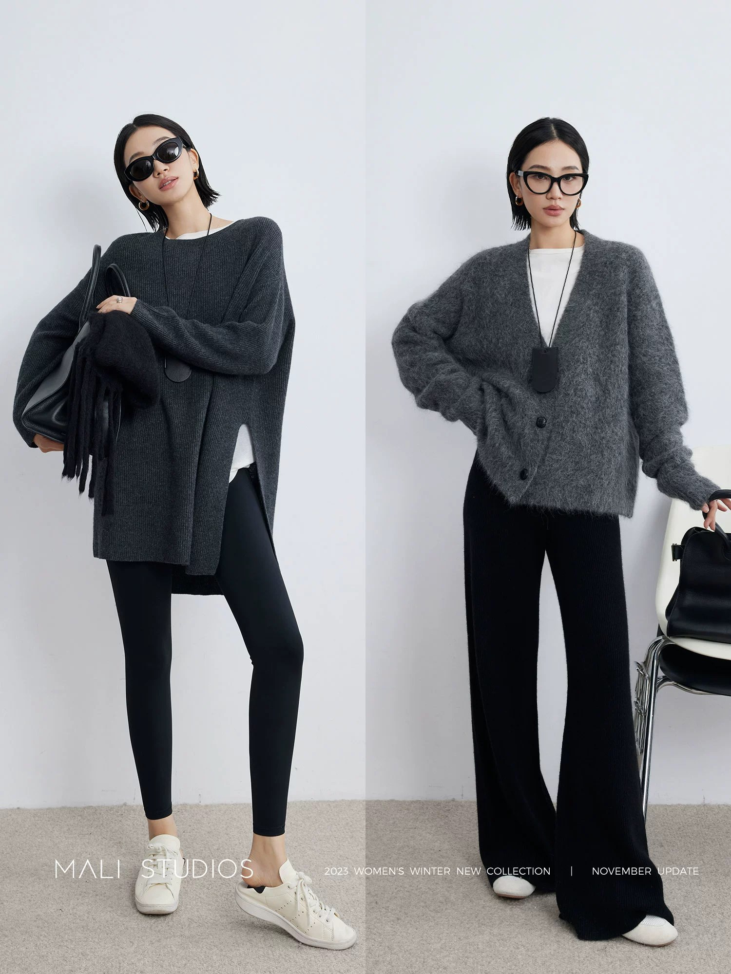 MALI|高克重加厚羊绒羊毛_时髦慵懒黄金开叉極简坑条纸片人套装 - Image 5