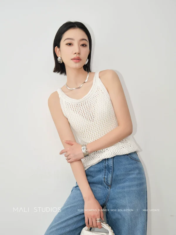 MALI|蜀家开发棉麻混纺纱_夏日南法风 呼吸感镂空透视挖肩背心