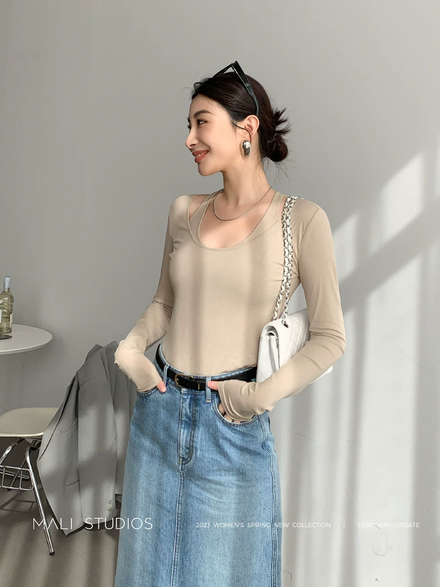 MALI|双层解构设计_强捻全棉针织微透假两件修身T恤 - Image 2