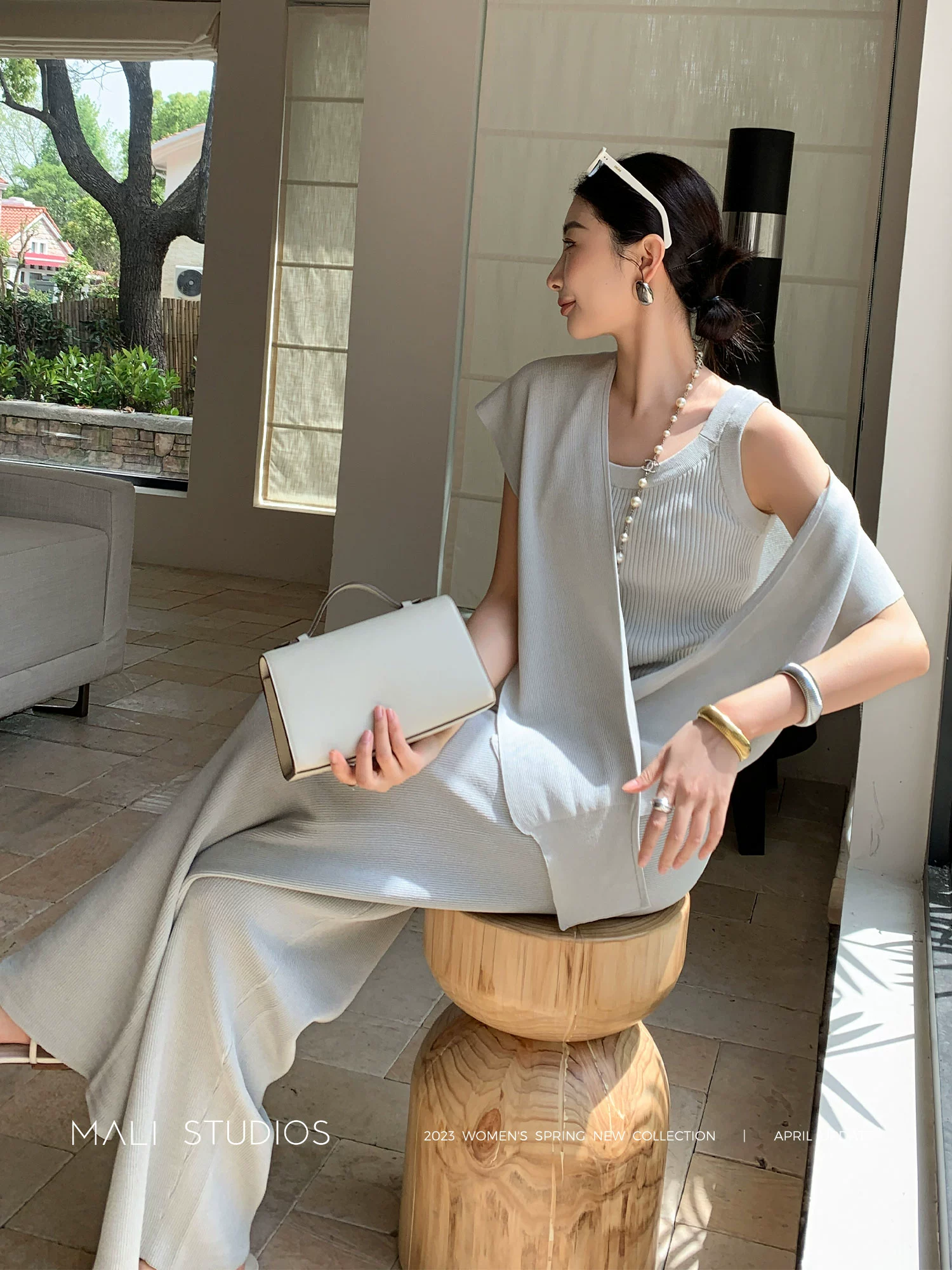 MALI|及简气质风_纸片人显瘦针织造型披肩&背心&长裤三件套