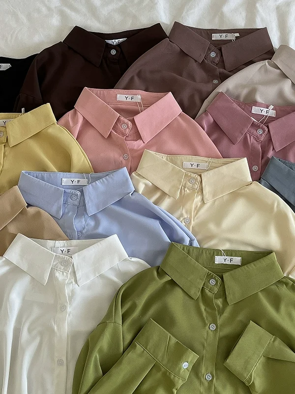 多色中长款垂感长袖衬衫2024秋季新款女百搭宽松可叠穿翻领上衣潮