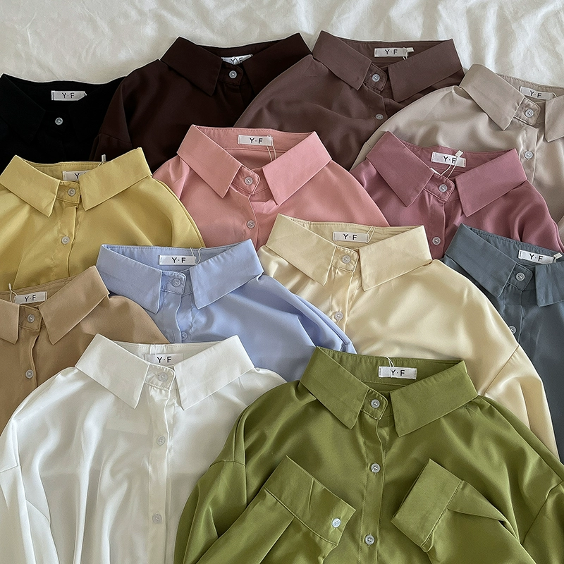 多色中长款垂感长袖衬衫2024秋季新款女百搭宽松可叠穿翻领上衣潮