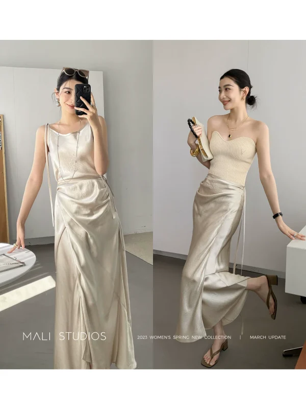 MALI|自然皱醋酸缎面_高阶斜裁交叠艺术感吊带连衣裙/半身长裙