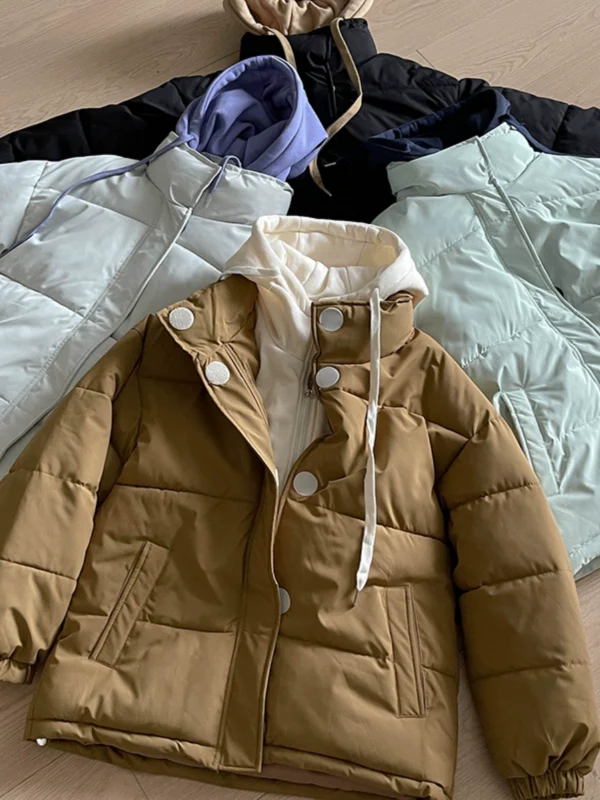 撞色立领连帽加厚棉服外套女装2024冬季新款韩版拉链开衫面包服潮