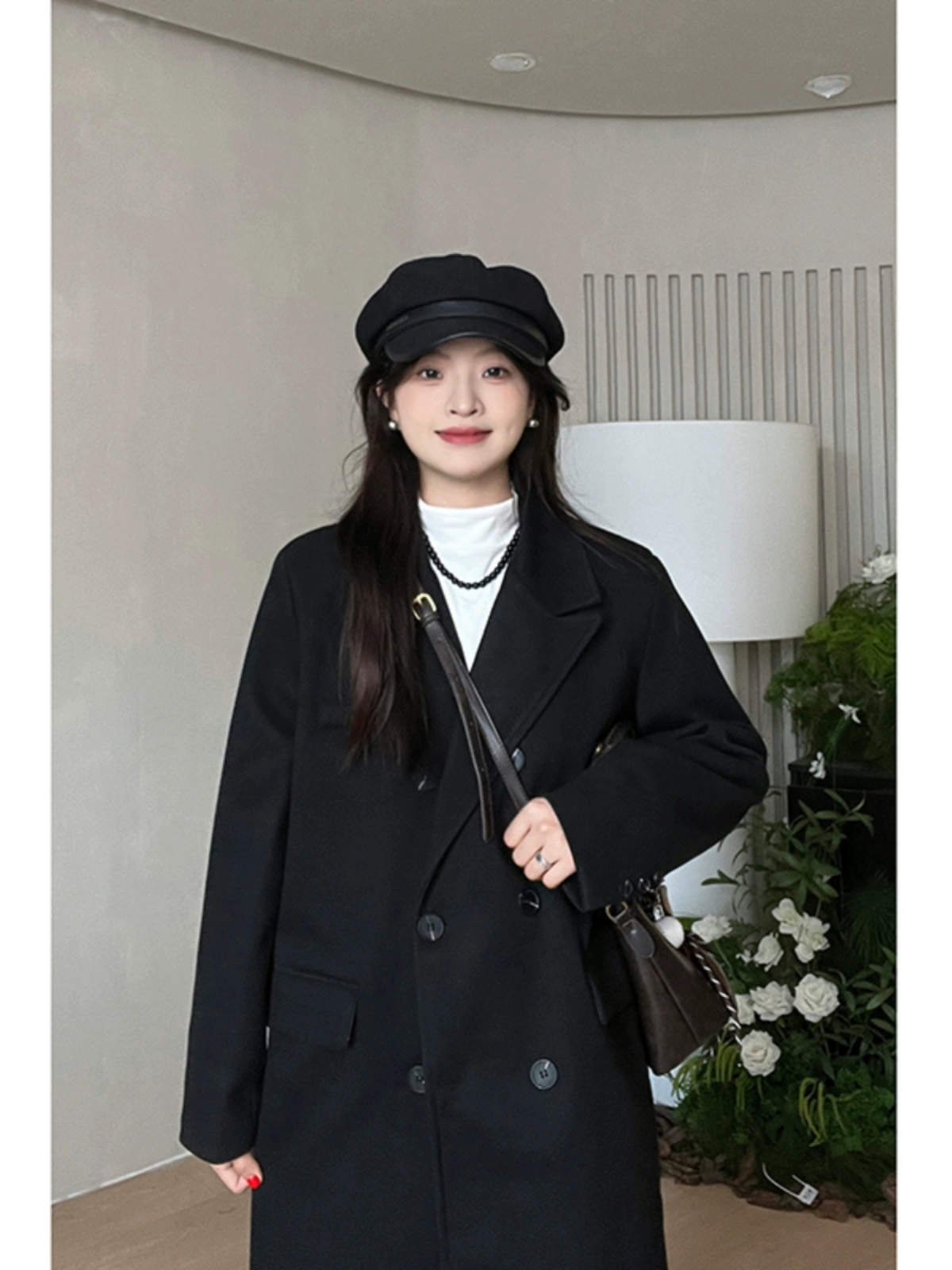 黑色呢子大衣女2024新款爆款秋冬赫本风高级感长款小个子毛呢外套 - Image 5