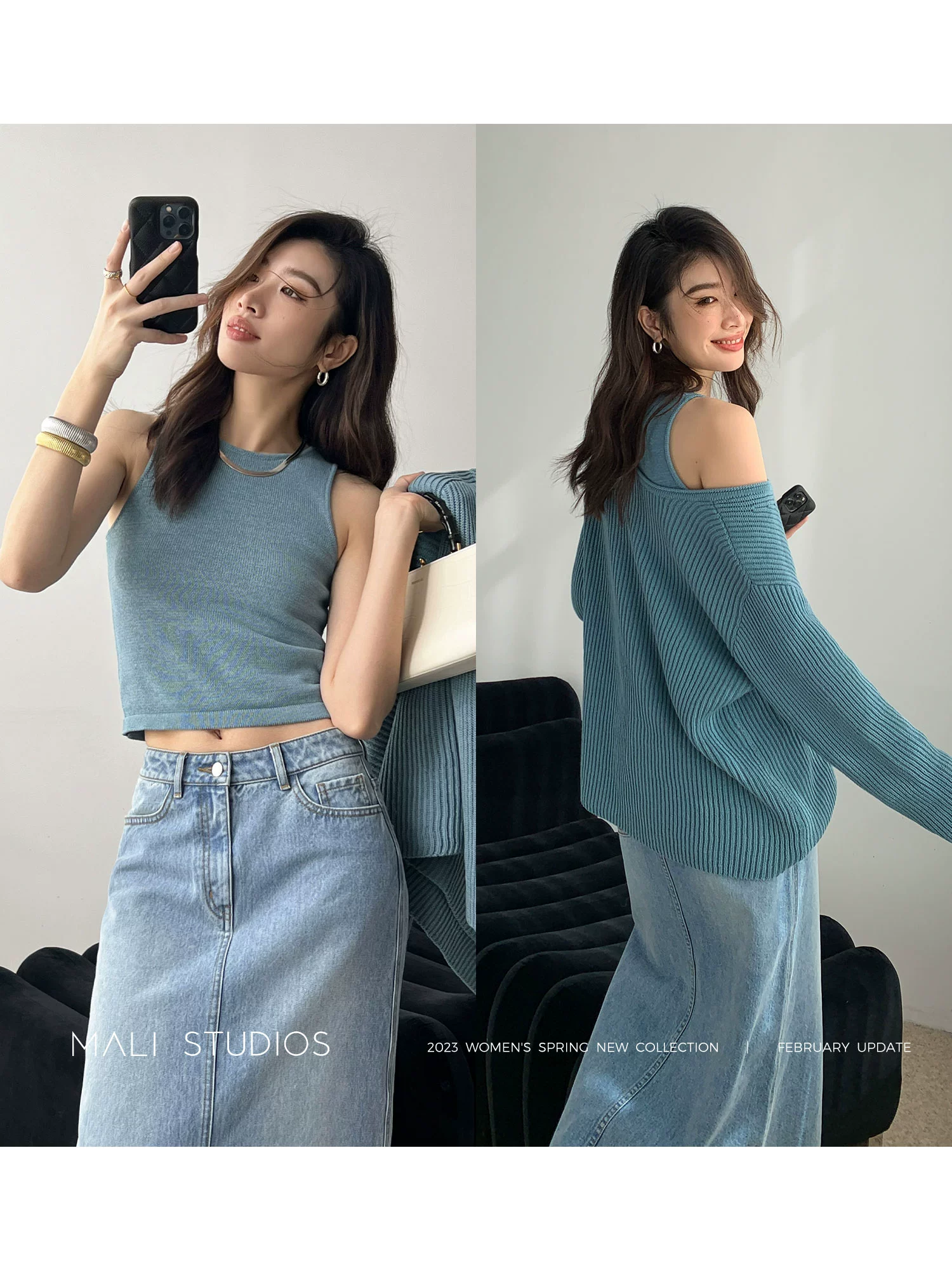 MALI|INS法式慵懒风_优质带子纱宽松套头毛衣工字背心 - Image 4